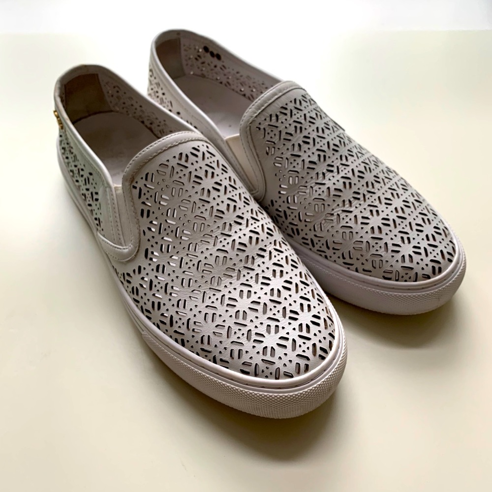 White leather Tory Burch slip ons, size 7.5